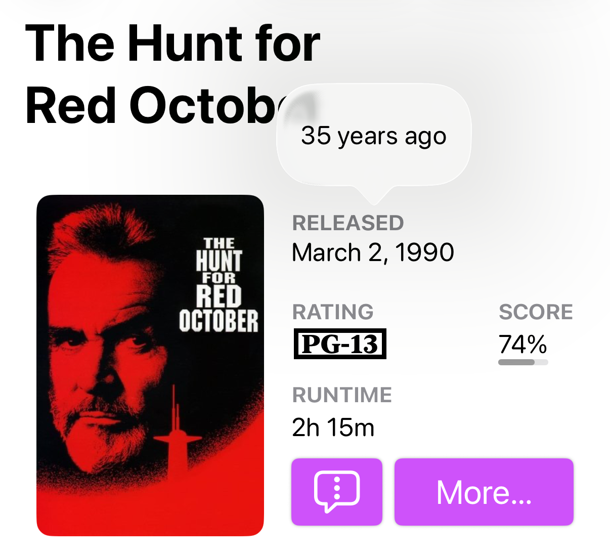 Callsheet entry for The Hunt for Red October: released March 2, 1990, PG-13, 74% score, 2h 15m runtime.