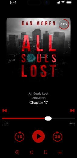 StoryLogic playing Chapter 17 of Dan Moren's All Souls Lost, 67% done, in a black and red player.