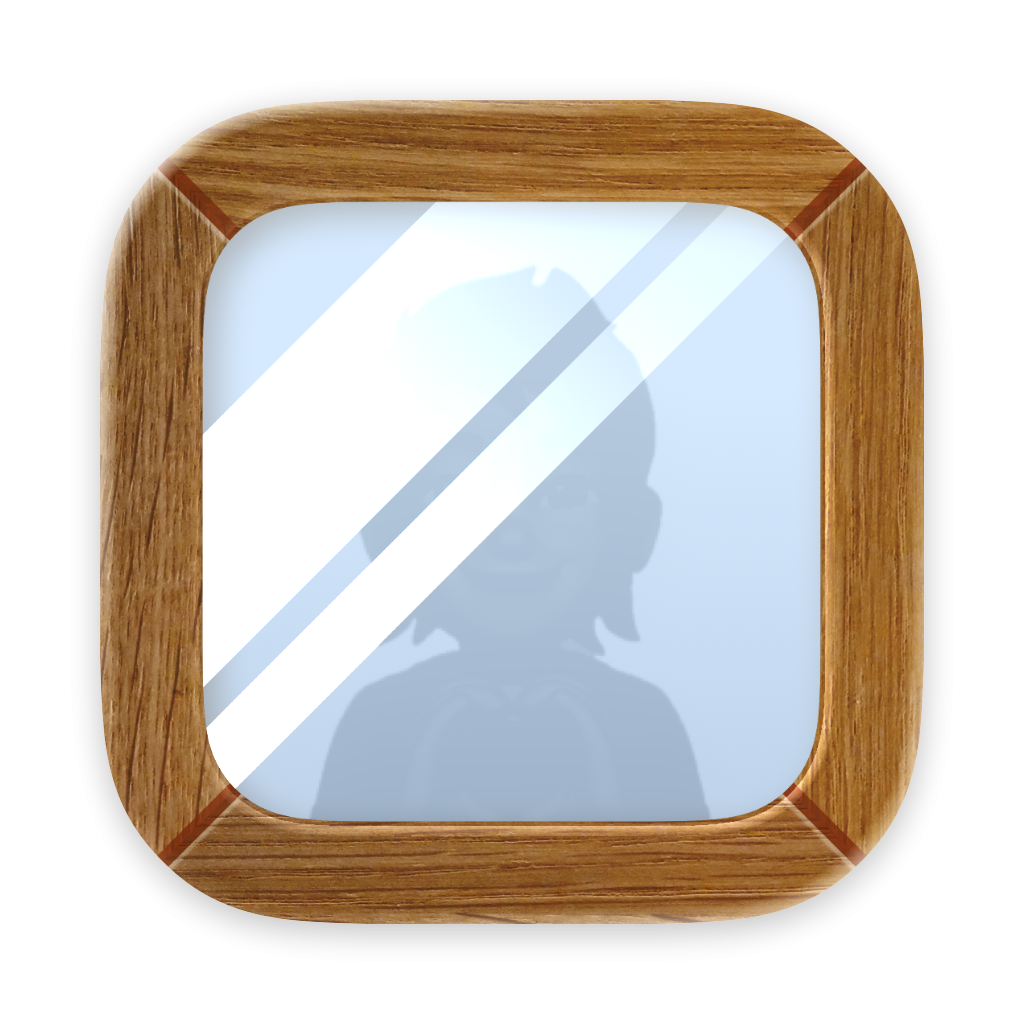 App icon of a wood-framed square mirror, its glass streaked with glare over a faint reflected figure.