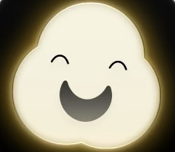 A glowing cream-colored cloud with closed curved eyes and a wide open smile on a black background.