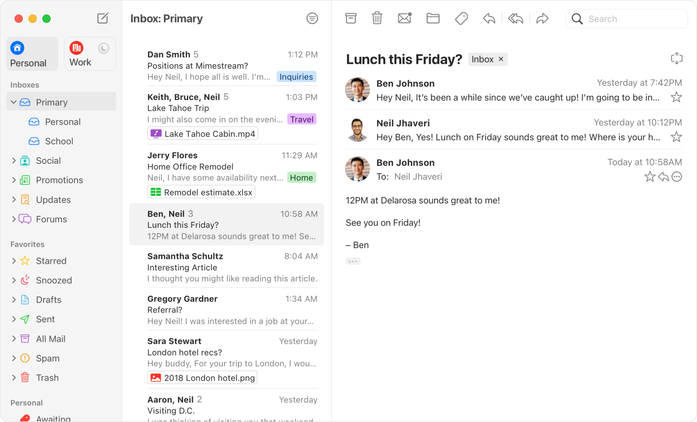Mimestream's three-pane Mac window: Personal and Work accounts, "Inbox: Primary" list, and an open thread.