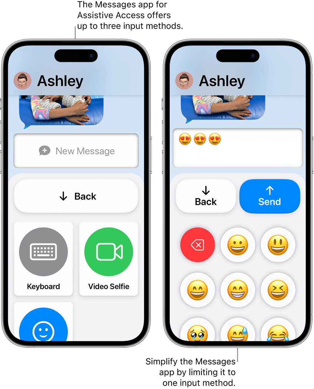 Two iPhones showing Assistive Access Messages: Keyboard and Video Selfie input choices, and an emoji-only keyboard.