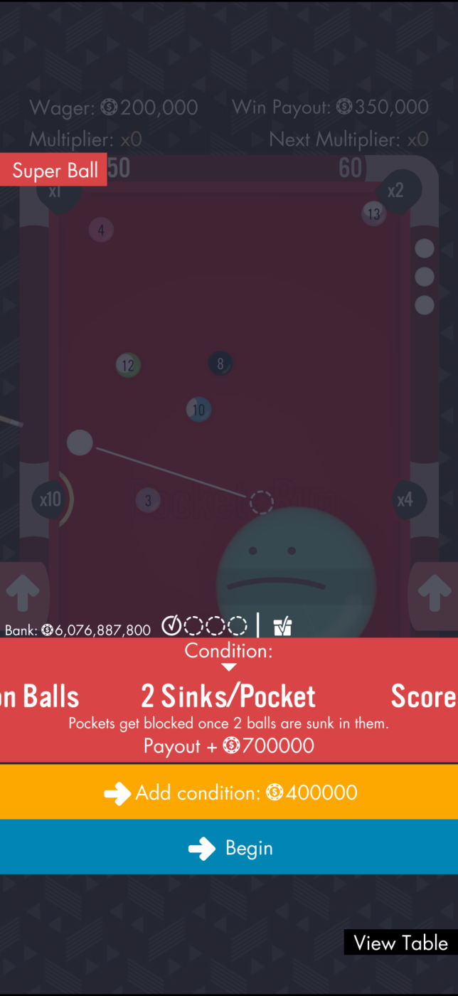 High Stakes setup: "2 Sinks/Pocket — Pockets get blocked once 2 balls are sunk in them," Payout + 700000.