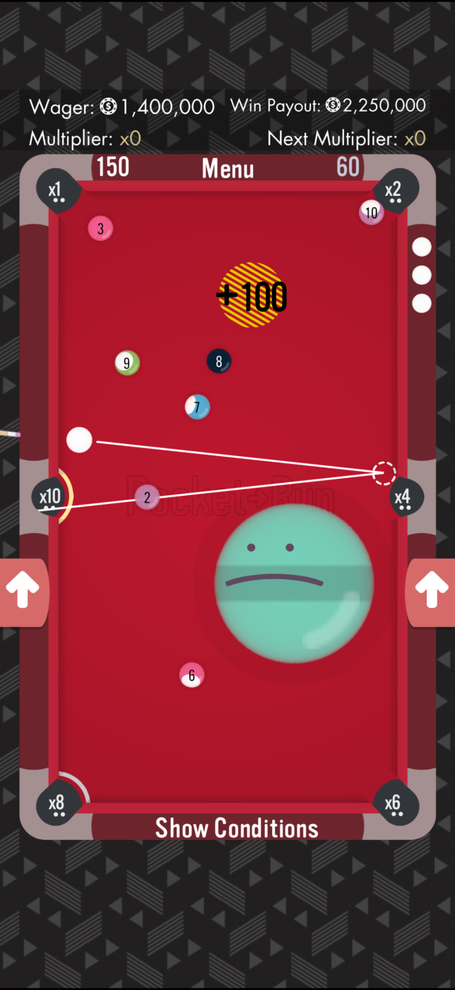 Pool table with numbered balls, x1 through x10 multiplier pockets, a white aiming line, and a +100 score burst.