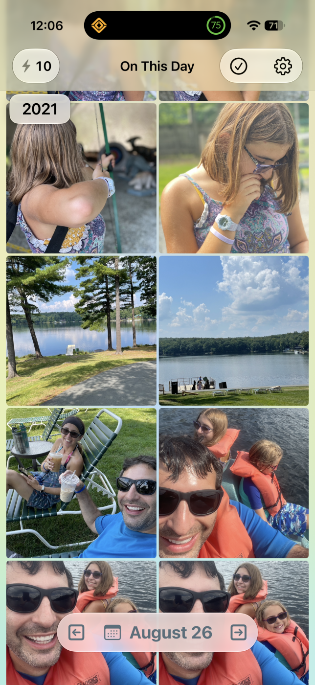 On This Day app showing a 2021 August 26 grid: kids at archery, lake views, and family selfies in life vests.