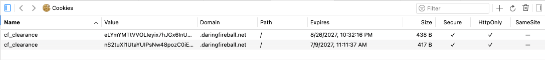 Safari's cookie view in the Web Inspector.