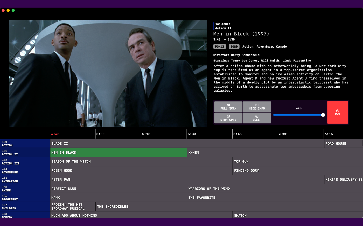 Coax on a Mac: Men in Black (1997) playing on channel 101 Action II above a grid of genre channels.