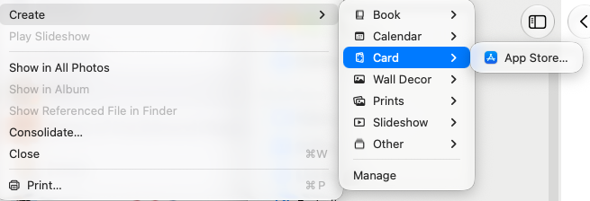 The Photos Create menu with Card highlighted, whose only submenu item is “App Store…”