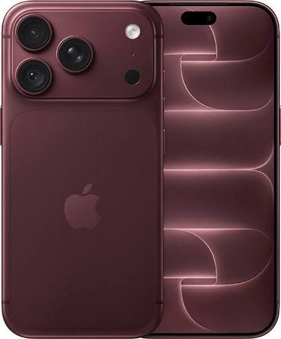 A deep burgundy iPhone Pro seen from the back and front, with its three-lens camera plateau.
