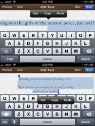 Two iPhone screenshots of a holiday card message being edited, with a Cut/Copy/Paste menu above the keyboard
