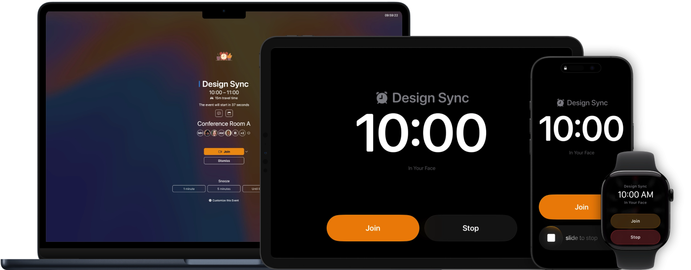In Your Face alert for a "Design Sync" meeting at 10:00, with Join and Stop buttons, on Mac, iPad, iPhone, and Watch