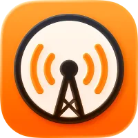 The Overcast app icon: a black radio tower broadcasting orange signal waves inside a cream circle on an orange rounded square.