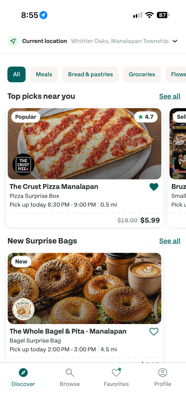 Too Good To Go listings: The Crust Pizza Manalapan surprise box, $18.00 marked down to $5.99, and a bagel bag.