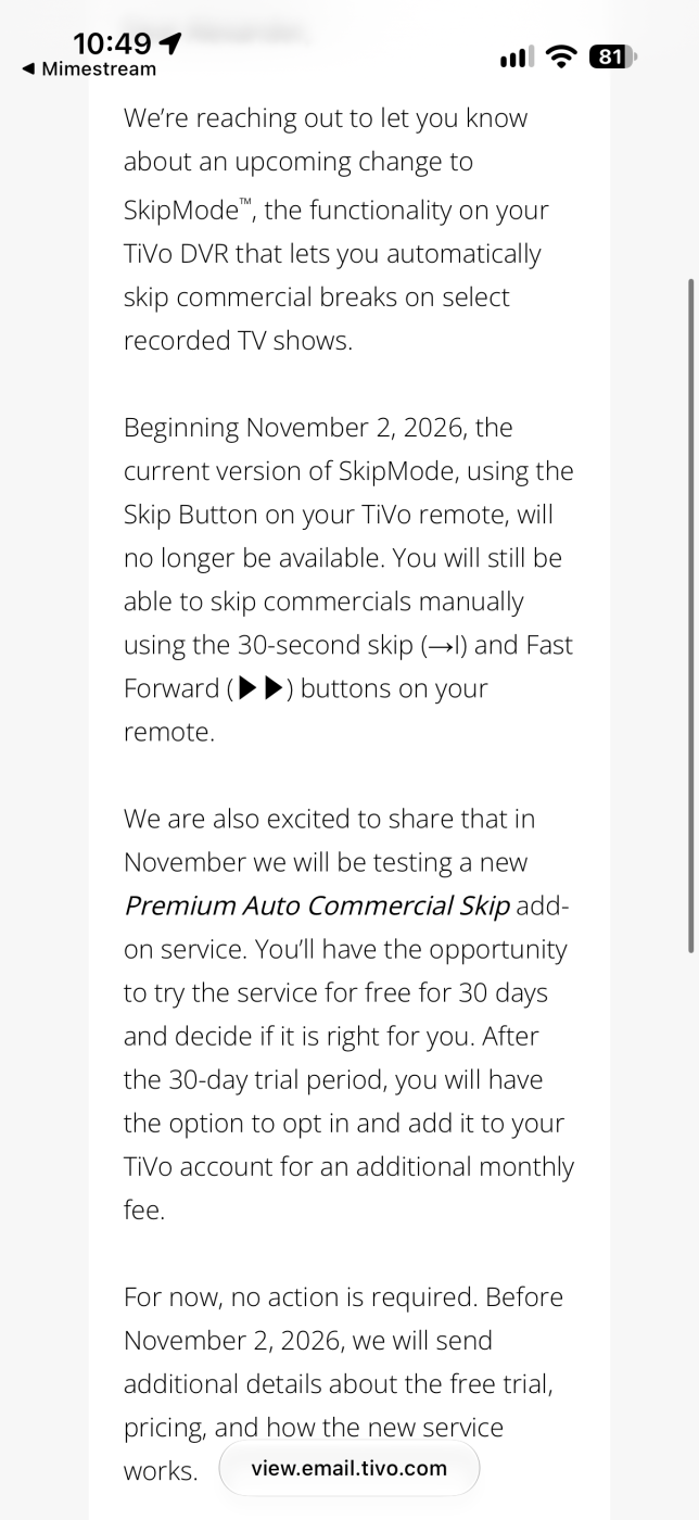 TiVo email: SkipMode's one-button skip ends Nov 2, 2026, replaced by a paid Premium Auto Commercial Skip add-on.