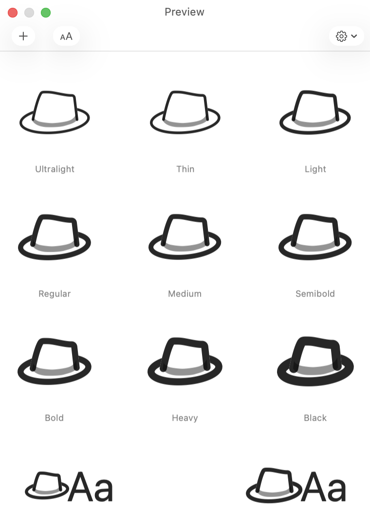 McKinley’s Preview palette showing the same hat symbol from Ultralight through Black.