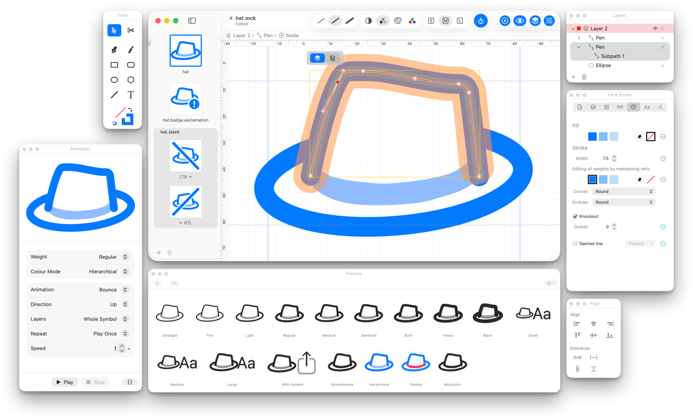 The McKinley workspace, with a hat symbol open for point editing and the Preview palette showing it across weights and rendering modes.