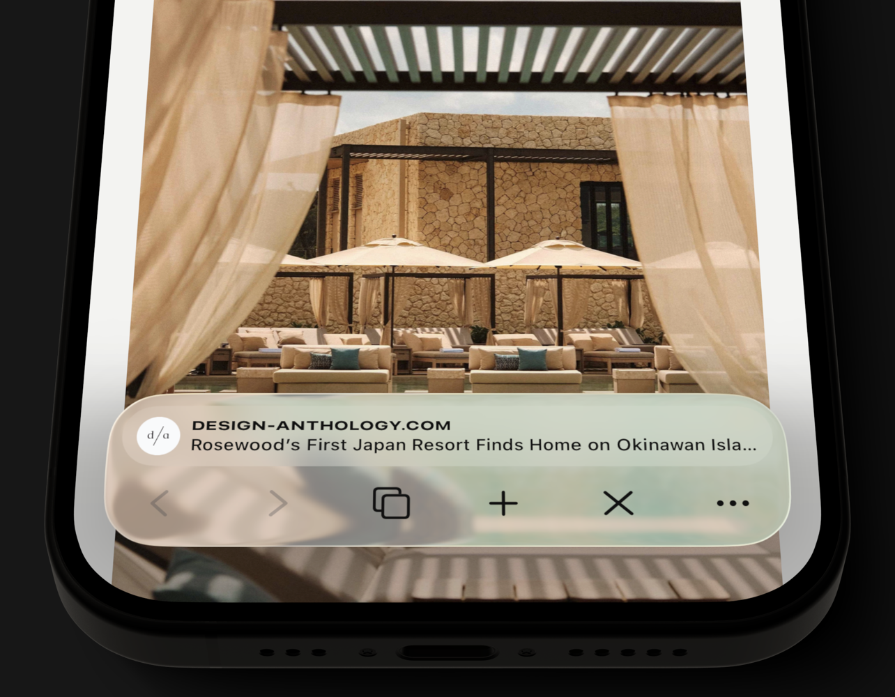 Quiche Browser on an iPhone, showing a Design Anthology article with a floating toolbar of six buttons beneath the address bar