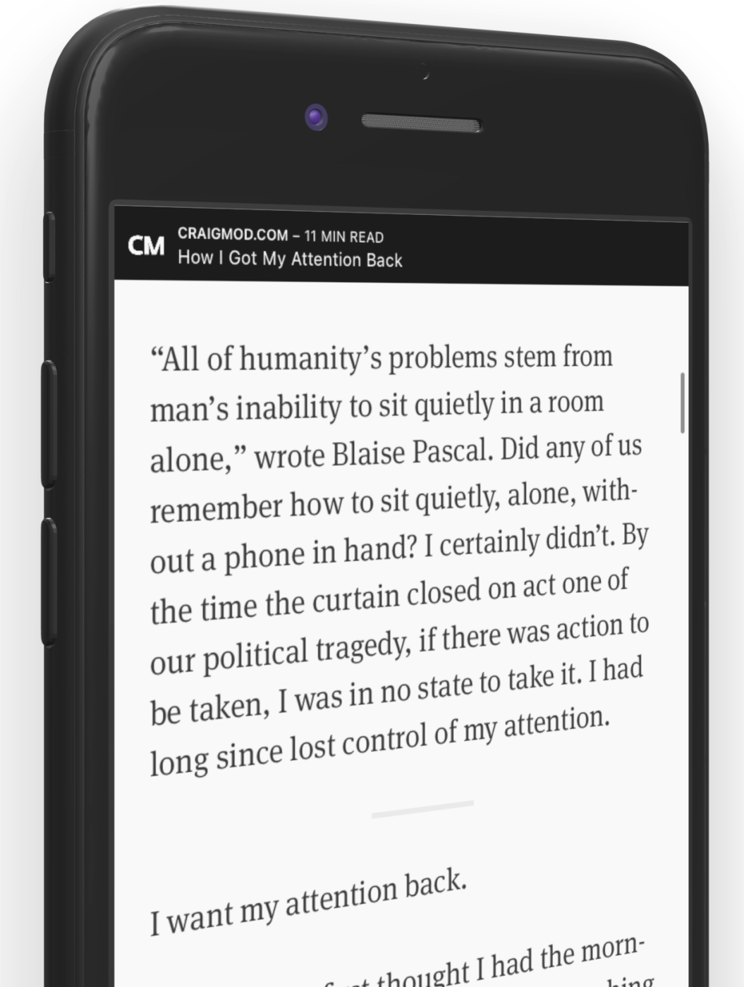 Quiche Reader on an iPhone, showing a single saved article, “How I Got My Attention Back” from craigmod.com, with an 11-minute read time