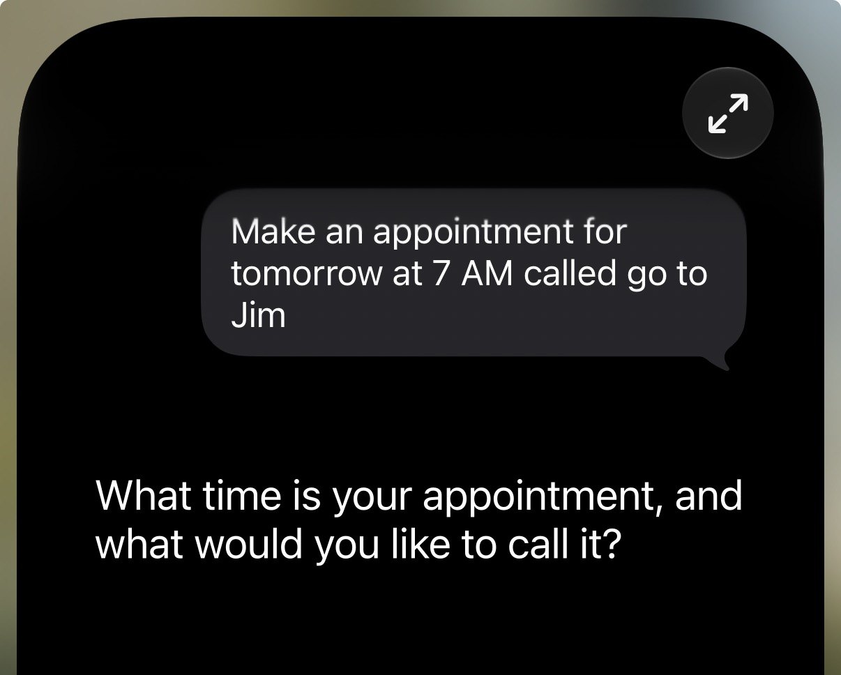 Siri hears “called go to Jim,” then asks “What time is your appointment, and what would you like to call it?”