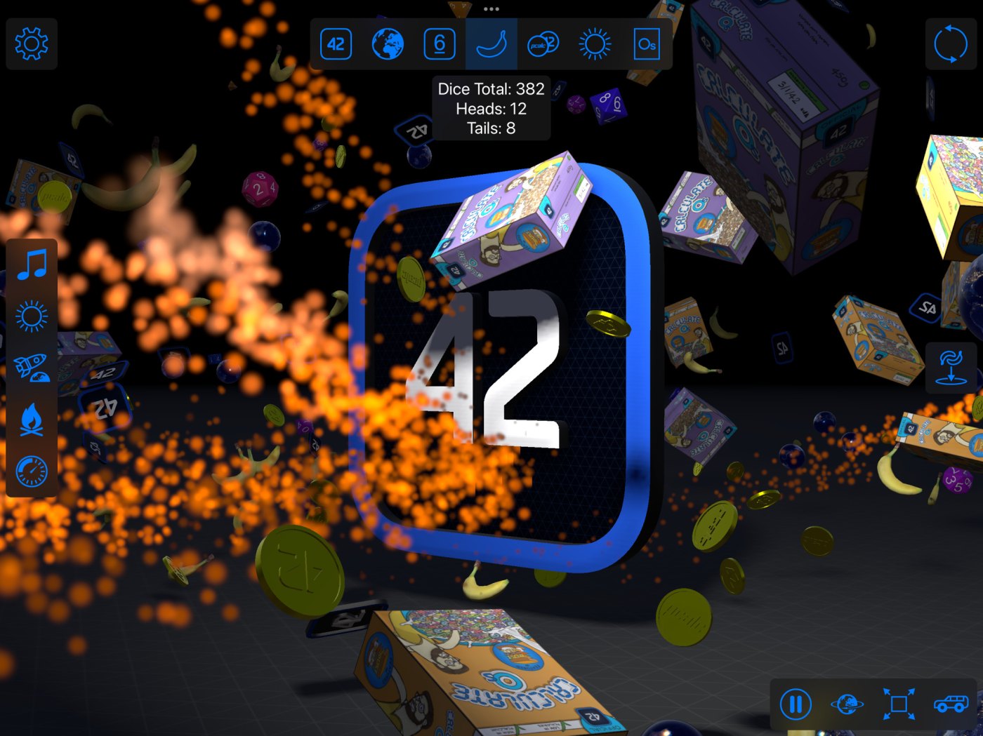 About by PCalc: the 42 PCalc icon engulfed by bananas, cereal boxes, coins, dice, and fire.