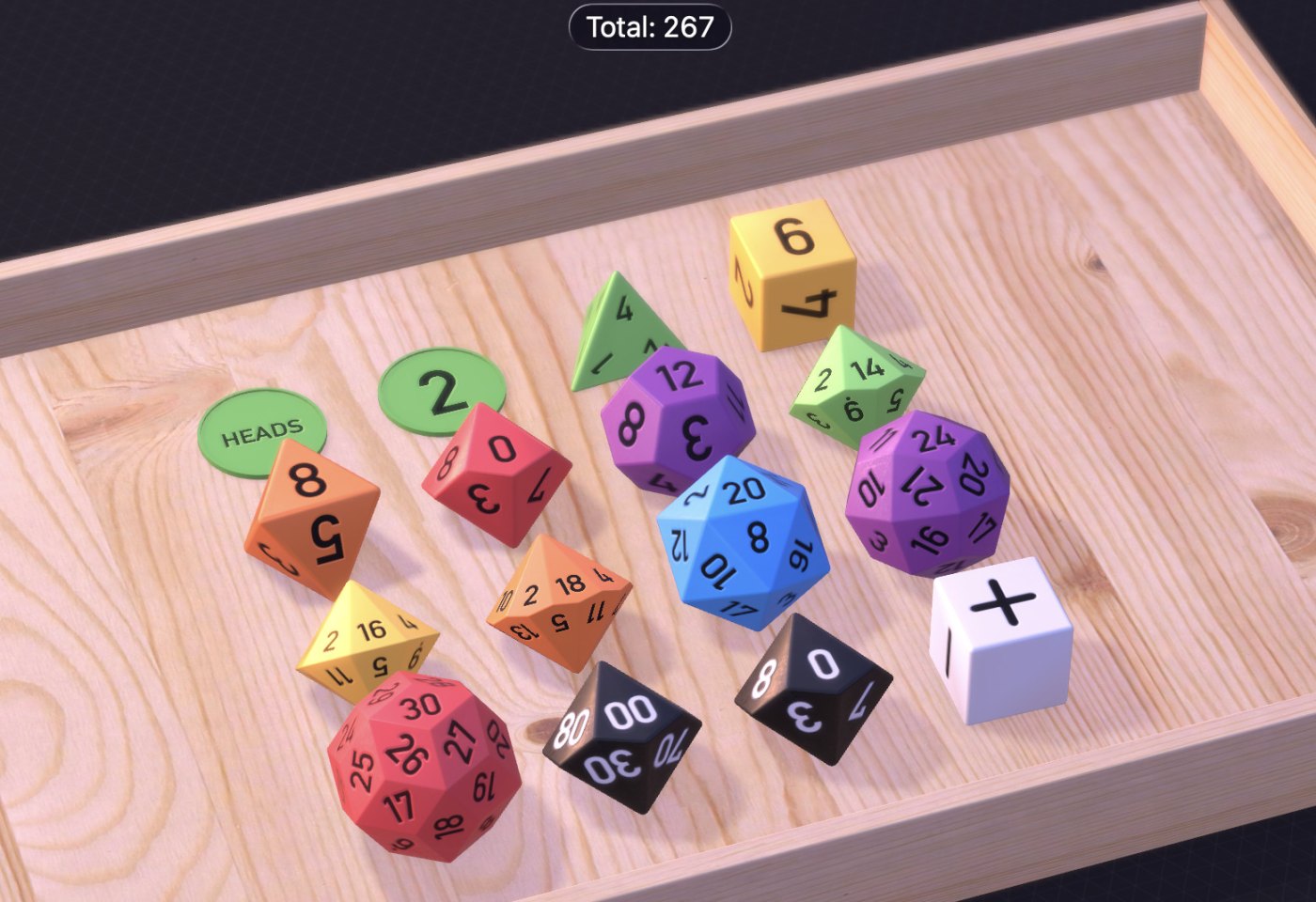 A wooden tray of colorful 3D dice in Dice by PCalc, including a coin, a D30, percentile dice, and a Fate die.
