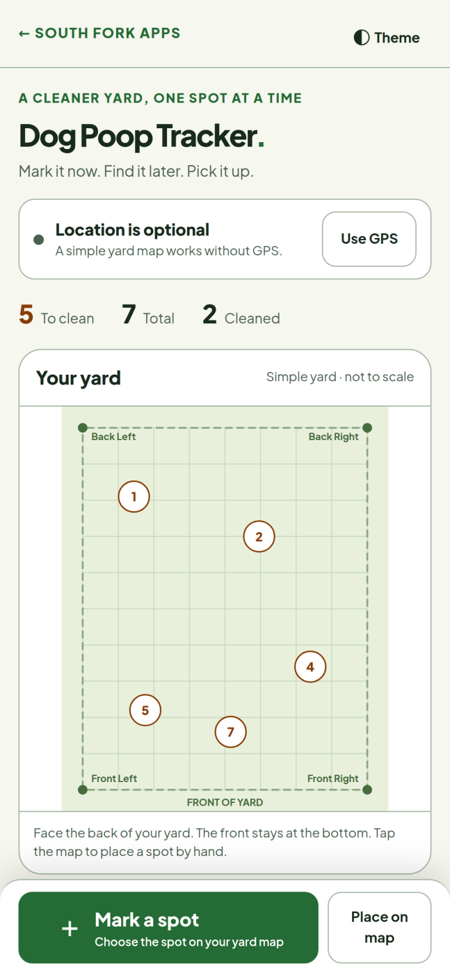 Dog Poop Tracker in a phone browser: a simple yard map with five numbered spots still to clean and two already cleaned.