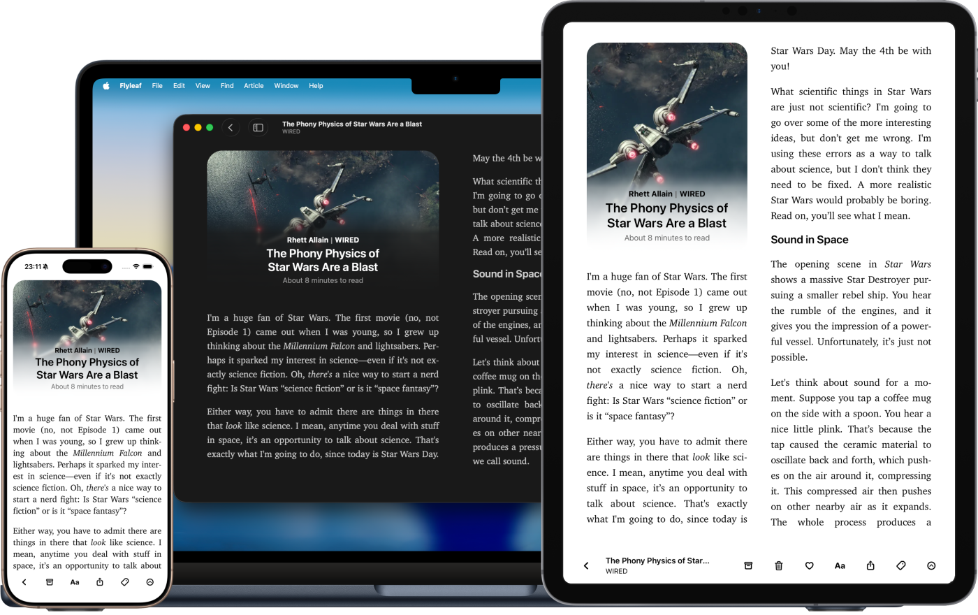 Flyleaf on a Mac, an iPad, and an iPhone, each showing a Wired article laid out as pages with a large header image and serif body text.