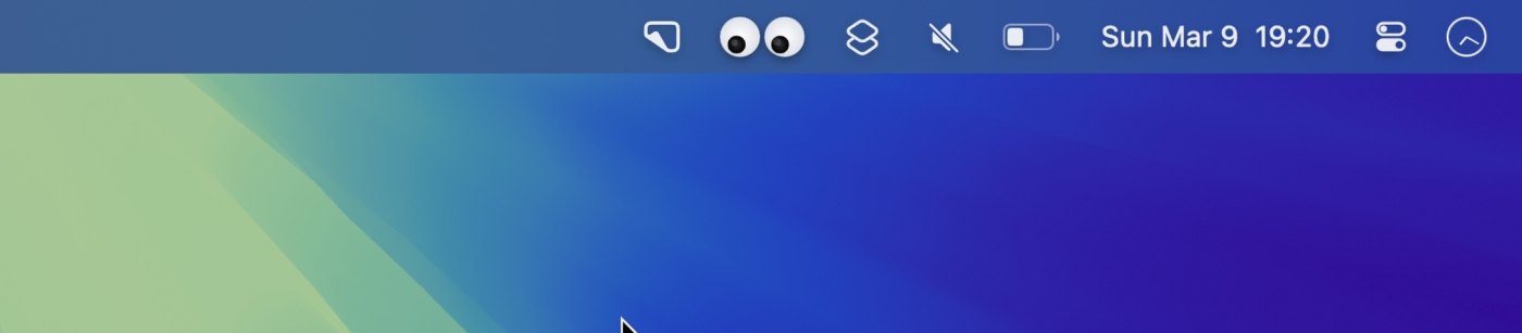 A Mac menu bar with a pair of cartoon googly eyes sitting between the other status icons, looking toward the cursor on the desktop below.