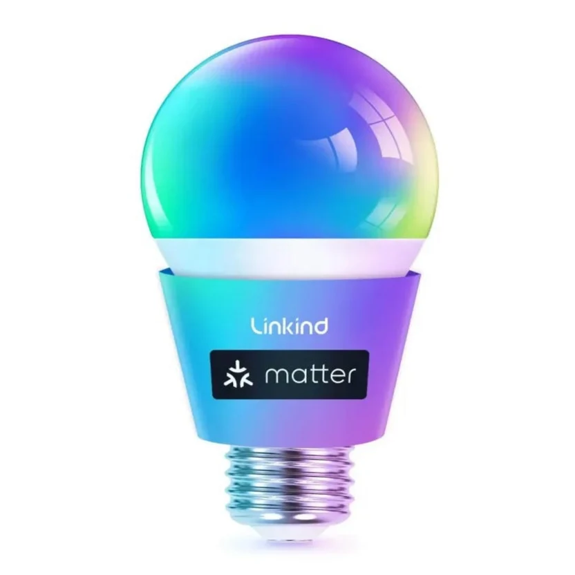 A Linkind smart bulb glowing blue and purple, with a “matter” logo badge on its base.