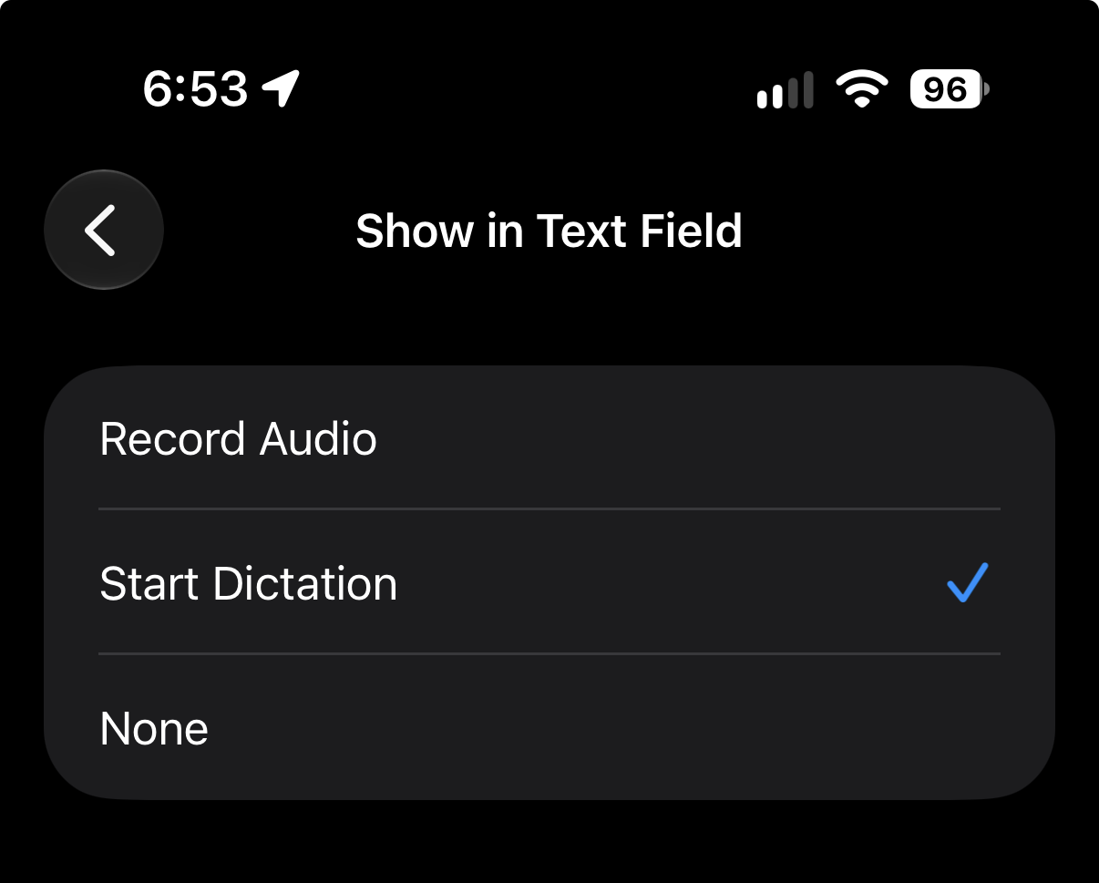 iOS 27 “Show in Text Field” setting with options Record Audio, Start Dictation (checked), and None.