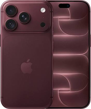 A burgundy iPhone Pro with a three-lens camera bump, shown from the back and front side by side.