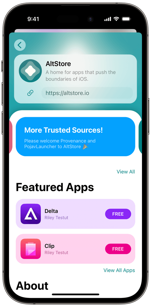 iPhone showing the AltStore source page, “A home for apps that push the boundaries of iOS,” with featured apps Delta and Clip