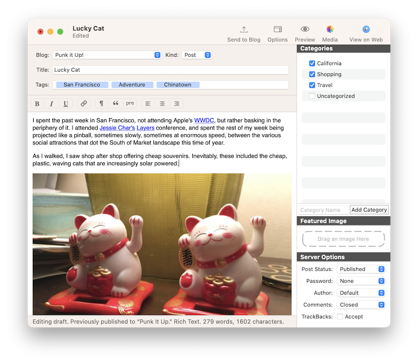 MarsEdit window editing a "Lucky Cat" blog post, with a photo of two waving cat figurines and a sidebar of categories and options.