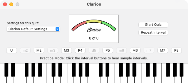 Clarion window in Practice Mode with a score meter, interval buttons from U to P8, and a piano keyboard.