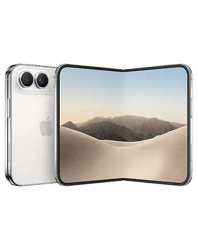 A silver iPhone Duo shown from both sides: its dual-camera back and its inner screen partly unfolded, showing sand dunes.
