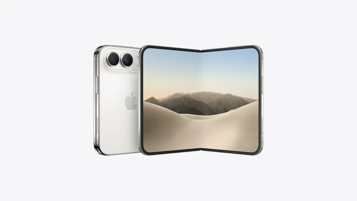 A white iPhone Duo seen from the back with two cameras, beside a second one unfolded to show a desert dune wallpaper.