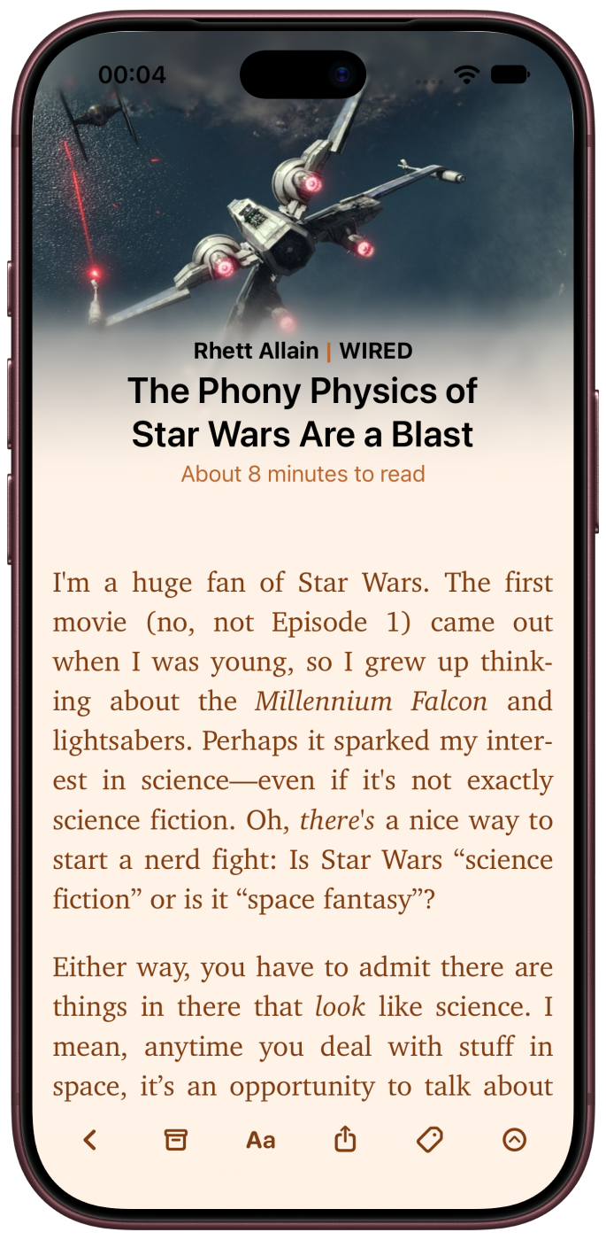 An iPhone showing an article in Flyleaf’s sepia theme, with a header image, the headline, an estimated reading time, and a toolbar along the bottom.