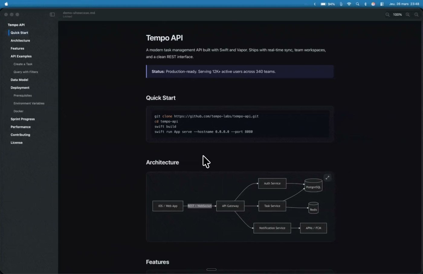 MacMD Viewer’s window in a dark theme, with an outline sidebar of the document’s headings on the left and a rendered document with a code block and an architecture diagram on the right.