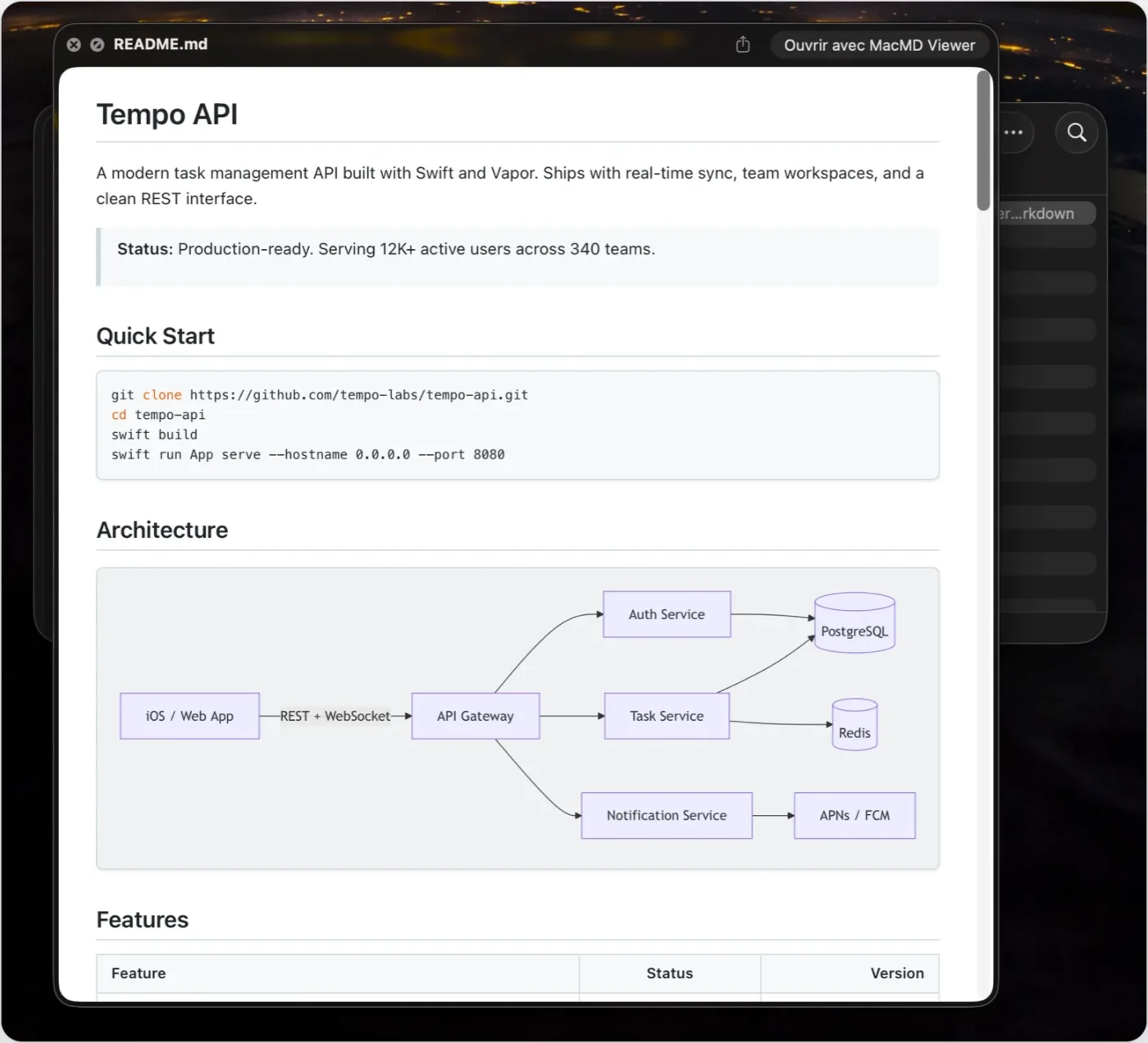 A Quick Look window over the Finder showing README.md rendered by MacMD Viewer: a Tempo API heading, a status callout, a code block, and an architecture flowchart drawn from Mermaid.
