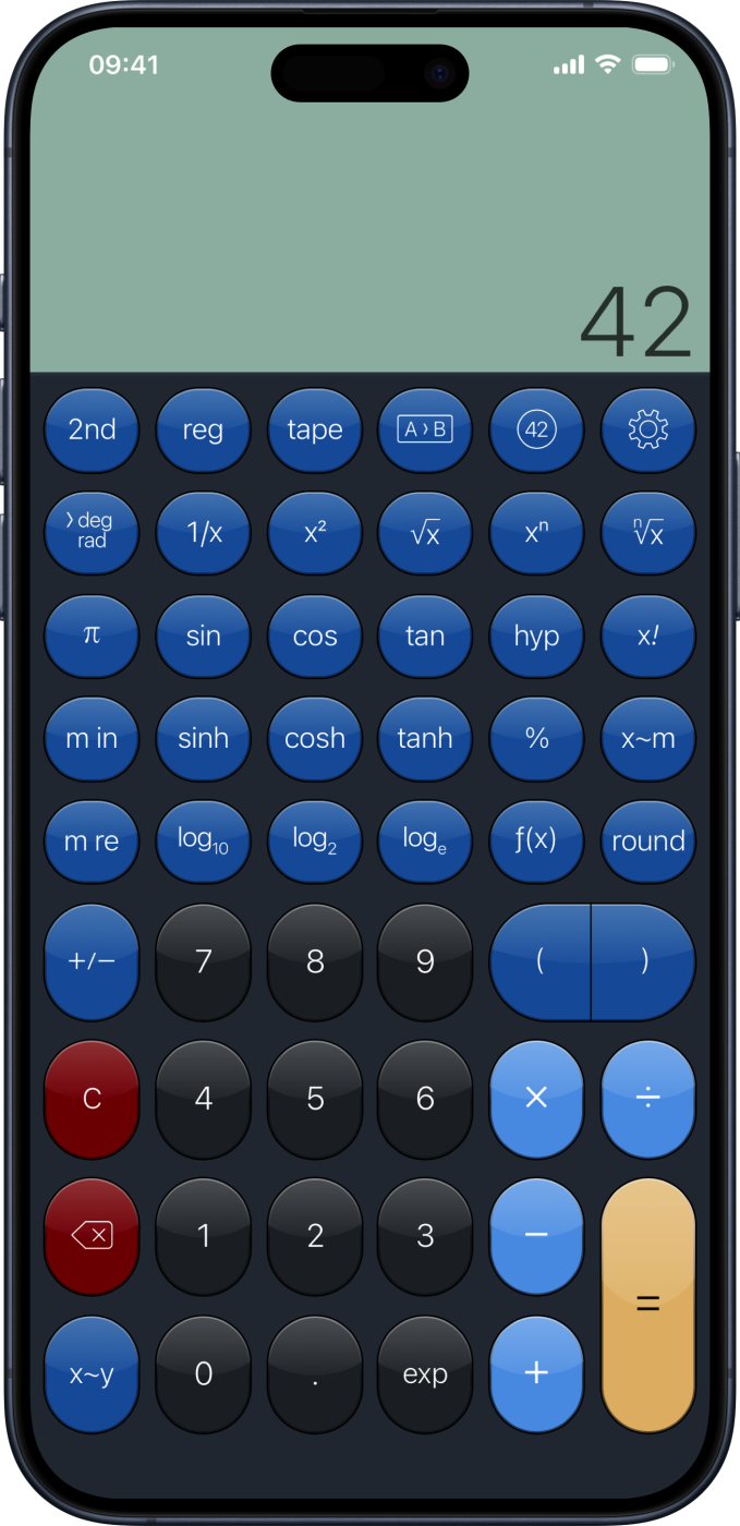 PCalc on iPhone, with a blue theme and a button layout full of scientific functions.