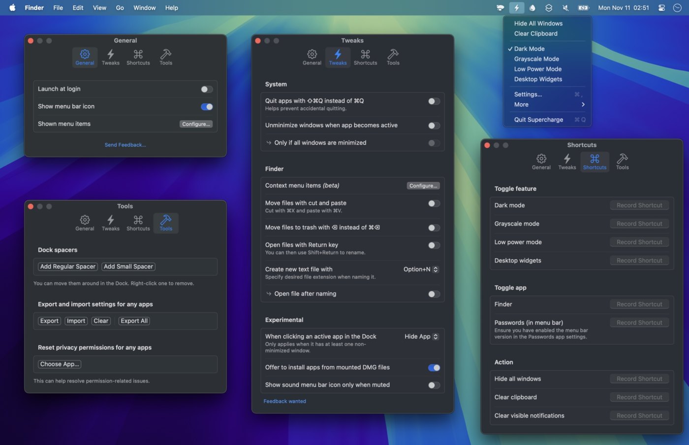 Four Supercharge settings windows on a Mac desktop (General, Tweaks, Shortcuts, Tools) showing opt-in toggles like “Quit apps with Shift-Command-Q,” “Move files with cut and paste,” and “Create new text file with Option-N,” plus the app’s menu bar menu.