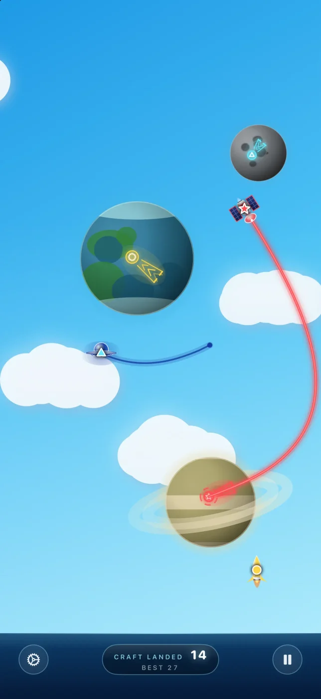 The Daytime sky: planets and craft against a bright blue sky and puffy white clouds