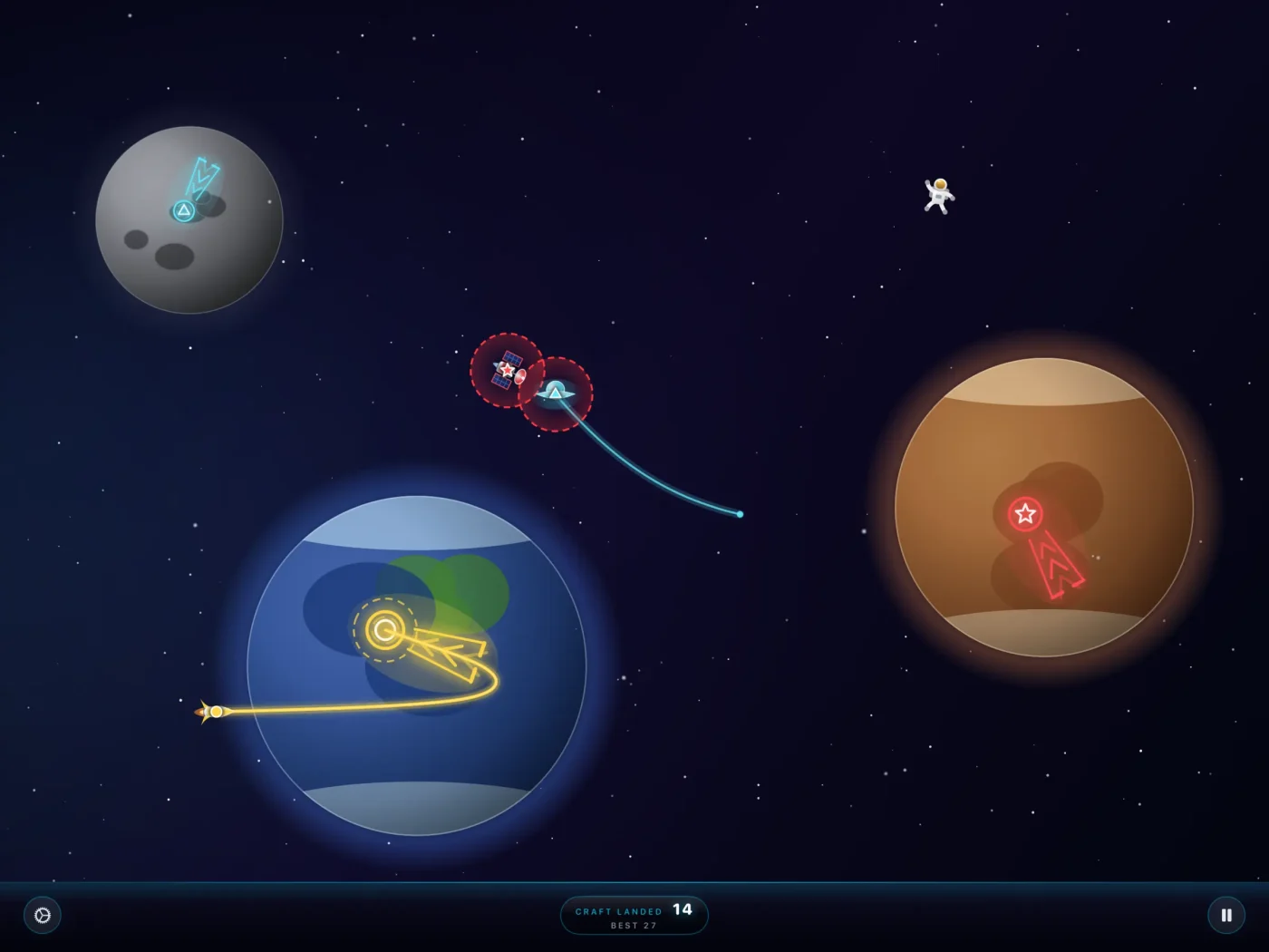 The Universe, Controlled on iPad in landscape: two craft flash red warning rings as an astronaut floats by