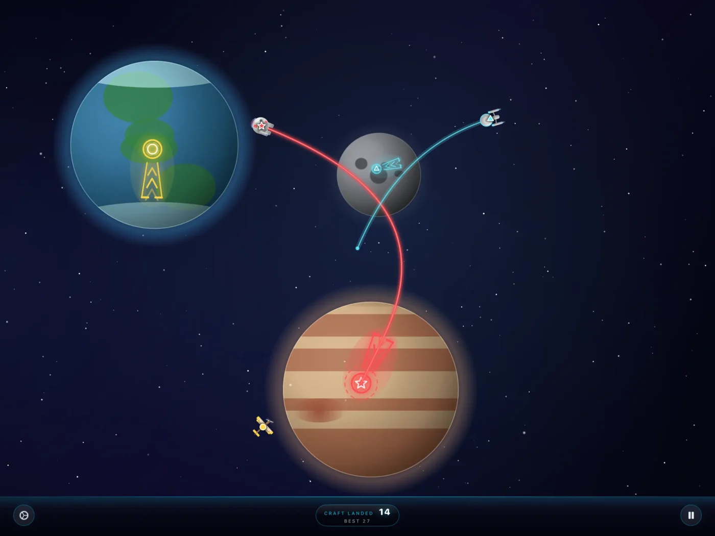 Unlockable spacecraft following traced paths between a blue world, a moon, and a striped planet