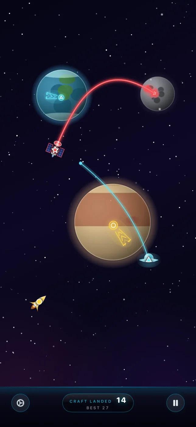 The Universe, Controlled on iPhone: a satellite and a UFO following traced flight paths toward their worlds